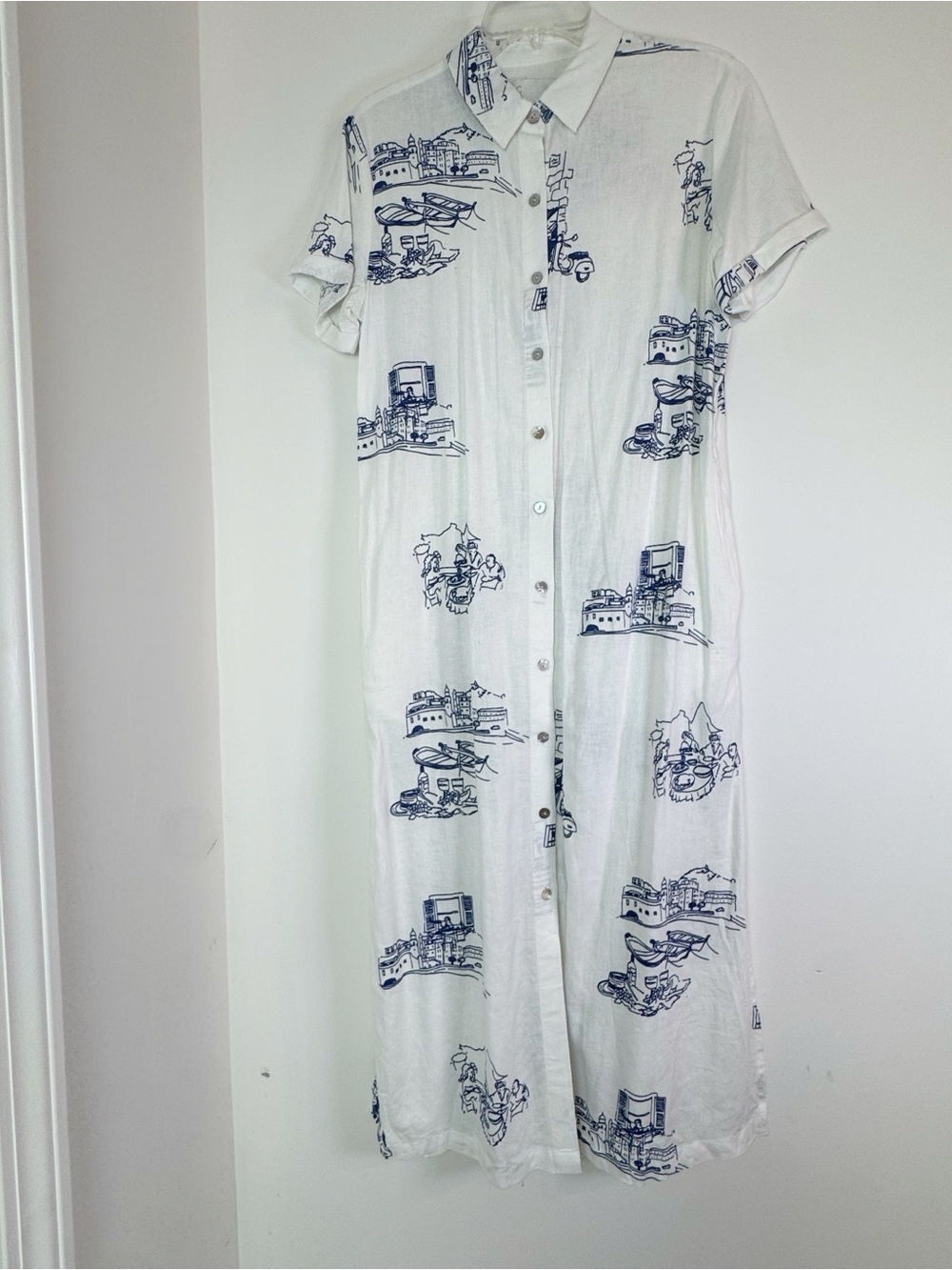 C&C California short sleeve linen blend maxi Shirt Dress with Blue Scenic Print